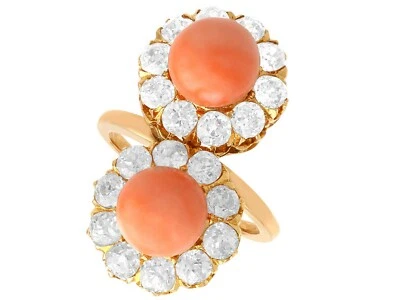 Anillo de vestir de oro rosa de 18 quilates con coral y diamantes de 2,86 quilates de 6,06 quilates - Antiguo Foto 1 de 4