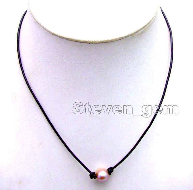 VENTA Collar Grande 10-11mm Púrpura Patata Perla Natural 18" y Cuero Marrón-6074 Foto 1 de 1