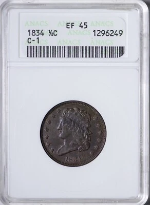 1834 Classic Head Half 1/2 Cent ANACS EF 45 XF45 Soap Box Holder AKCNA - Image 1 of 3