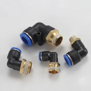 PBT+Brass Pneumatic MALE STUD 90° METRIC & BSP tube inline push fit connector - Picture 1 of 31