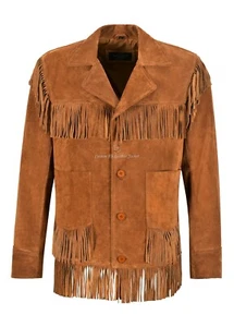 Mens Western FringesTan Leather Jacket Tan Classic Fringe Real Suede Jacket 4198 - Picture 1 of 8