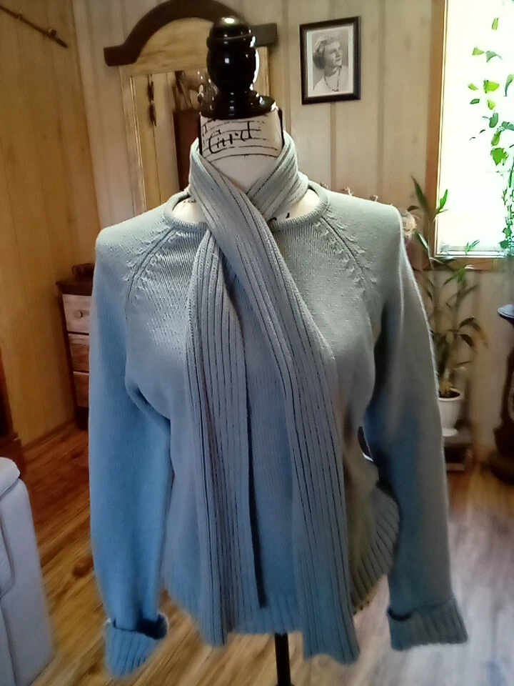Pierre Cardin Cotton Sage Green Open Knit  Sweater Top Attached Scarf, Sz L  - Image 1 of 4