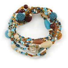 Multistrand Glass, Ceramic and Resin Beads Flex Bracelet (Light Blue, Brown,
