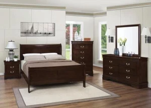 Louis Philippe 4 PC Panel Bedroom Set with High Headboard In Cappuccino - Picture 1 of 24