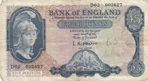 Bank of England UK Great Britain Britannia 5 pounds (1957) O'Brien P-371 VF - Picture 1 of 2