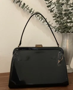 1950s 1960s Morris Moskowitz Black Vinyl Handbag, Vintage Kelly Purse, 50s 60s  - Picture 1 of 8