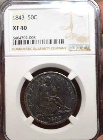 1843 Seated Half Dollar NGC XF40, PQ original toning Free Shipping Cover