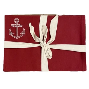 Nautical Fabric Placemats Red New Gift Bow Embroidered Anchor Stiff Reversible - Picture 1 of 5