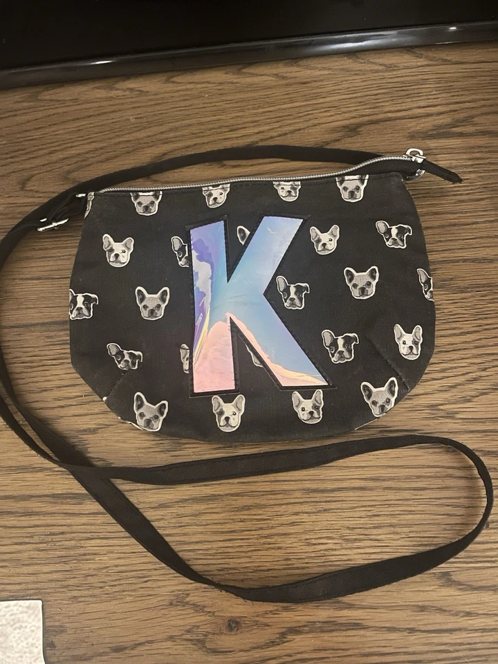 Justice French Bull Dog crossbody purse Adjustable strap Letter K Black - Image 1 of 4