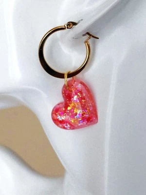 Opal Earrings: Resin Sherbet Pink Hearts 24x27mm on Stainless-Steel 18KGP Hoops - Image 1 of 4