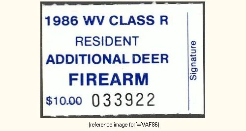 HALFPRICEHUNT West Virginia Add'l Deer Gun 'R' 1986 $10.00 (blue) - Image 1 of 1