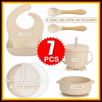 7tlg Baby Geschirrset Silikon Teller & Schüssel, Lätzchen, Löffel, Gabel, Becher - Bild 1 von 4