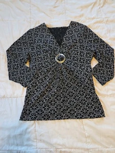 Black and White Lace Blouse with Silver Accents Size Medium Long Sleeve - Picture 1 of 3