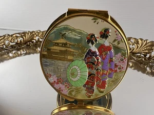 Vintage Chokin Kunst Japan Kompakt Spiegel Geisha Mädchen Tempel Sonnenschirm Landschaft Gold - Bild 1 von 14