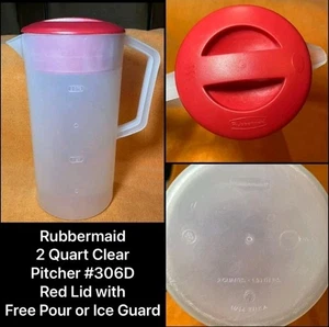 Rubbermaid 2 Quart Clear Pitcher Red Free Pour or Ice Guard Lid Made In The USA - Picture 1 of 4