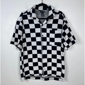 H&M Black & White Checkered Terry Cloth Shirt Relaxed Fit Rave Festival Small - Picture 1 of 8