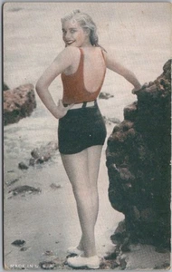 c1930s PIN-UP GIRL / Bathing Beauty Arcade Mutoscope Card / Blonde on Beach - Picture 1 of 2