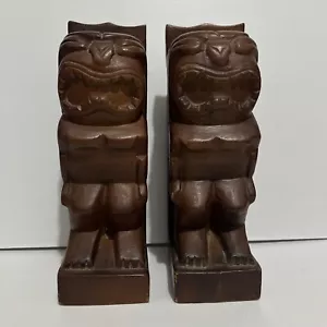 TIKI Figurine Book Ends Hawaiian Hand Carved Wood Vintage 25cm High 8cm Wide - Picture 1 of 9