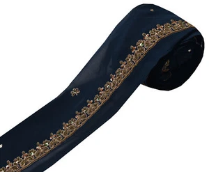 Sushila Vintage Blue Saree Border Indian Craft Sewing Trim Hand Beaded Ribbon - Picture 1 of 5