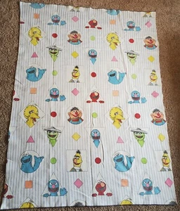 Vintage Sesame Street Shapes Blanket 62" x 86" 80's Striped Thick~1 Tiny Cut~ - Picture 1 of 7