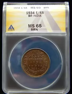1934 George V British India 1/4 ANNA ANACS Graded MS65 BRN BT170 - Picture 1 of 3
