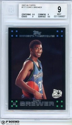 Corey Brewer RC BGS 9+: 2007-08 Topps Rookie Card Highest Subgrades #117 POP 3 - Image 1 of 3