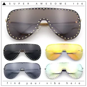 Womens Metal Studded Rimless Oversized Shield Flat Top Racer Sunglasses - Picture 1 of 33