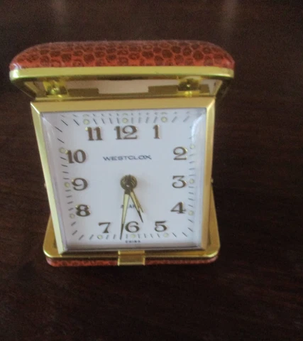 Westclox Keywound Travette 11 Luminous- Leather Cased Alarm Clock Tan # 44220 Cover