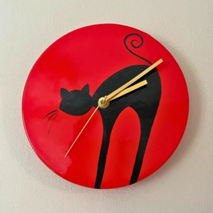Chic Black Cat Glass Wall Clock – 20cm Red Modern Art Timepiece in Gift Box - Picture 1 of 6