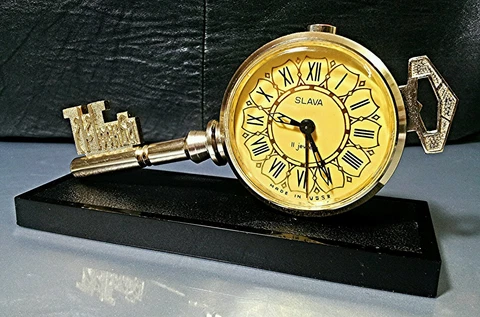 Vintage Alarm Clock SLAVA Key of Moscow Mechanical Ключ Москва Gold Dial Cover