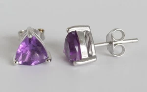 Amethyst Stud Earrings in 925 Silver for Women - Purple Amethyst Trilliant - Picture 1 of 1