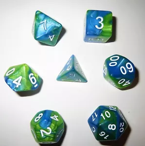 NEW Style ! RPG Dice Set of 7 - Meteorite Blue-Green D4 D6 D8 D10 D12 D20 D00-90 - Picture 1 of 8