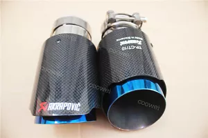 2 PCS Akrapovic Glossy Carbon Fiber Exhaust tip 76-89mm Universal Blue End pipe - Picture 1 of 8