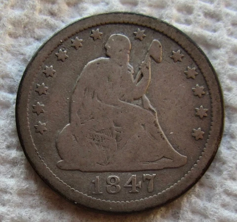 1847 Seated Liberty Silver Quarter Early Rare Early Date  VG Reverse Scratch Cover