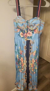 DALIA MACPHEE sz Small sleeveless blue gold floral pleat maxi Cottagecore dress - Picture 1 of 6