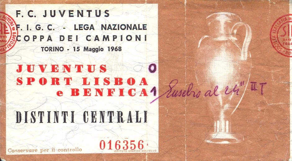 BIGLIETTO TICKET - JUVENTUS / BENFICA - COPPA DEI CAMPIONI TORINO 15 MAGGIO 1968 - Immagine 1 di 1