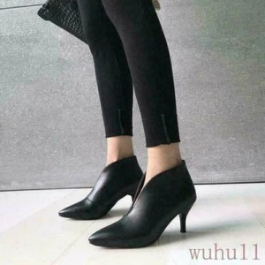 Womens Mid Heel Faux Leather Pointed Toe Pull On Ankle Boots Dress Casual Shoes - Picture 1 of 10