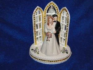 New Chapel Church Mirrored Windows Cake topper with Bride & Groom & Golden Decor - Picture 1 of 6