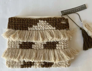 NWT Sondra Robers Squared Clutch Bag Woven Fringe Cream Olive Zip Tassels 9”x11” - Picture 1 of 10