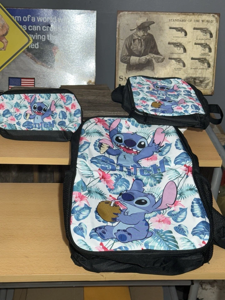 Stitch Back Pack Set 3 Pc Set School Bag Pencil Case Lunch Box Bag - Image 1 of 4