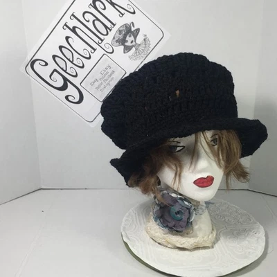 Crochet poofy Black goblin hat, boho festival, fairy cap, L, Geechlark 7162 - Image 1 of 4