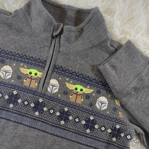 Star Wars Grogu Ribbed Fair Isle Shirt Boys Size 6 Gray Quarter Zip Baby Yoda - Picture 1 of 5
