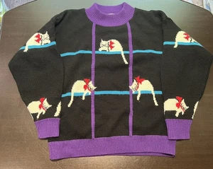 80's Vintage Spunky Black And Purple Cat Sweater - Picture 1 of 7