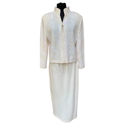 St John Noche Tejido Crema Multi Brillo Chaqueta Cremallera Frontal Falda Traje Talla 10 12 Foto 1 de 4