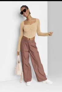 Women's Low-Rise Wide Leg Cargo Pants - Wild Fable Brown XL - Elastic Waist NWT - Picture 1 of 9