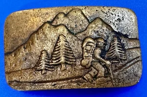 Rocky Mountain Hiking Hiker Backpacker Vintage Artisan Carved Bronze Belt Buckle - Picture 1 of 15