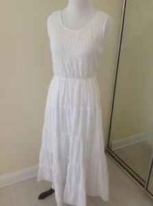 100% Baumwolle weiß Stufen Bauern langes Kleid gesmoktes Mieder ärmellos S - Bild 1 von 7