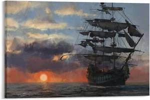 Pirate Ship at Sunset Poster Decorative Painting Canvas Wall Art Room Posters - Picture 1 of 6