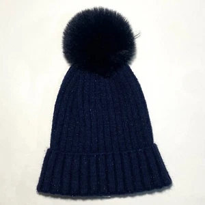 PRIMARK Shiny Navy-Blue Cable Knit Roll-Up Pom-Pom Faux Fur Hat Beanie Girls M/L - Picture 1 of 8
