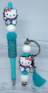 Hello Kitty Teal Beaded Keychain & Ink Pen Set Black Ink Refillable - Picture 1 of 2